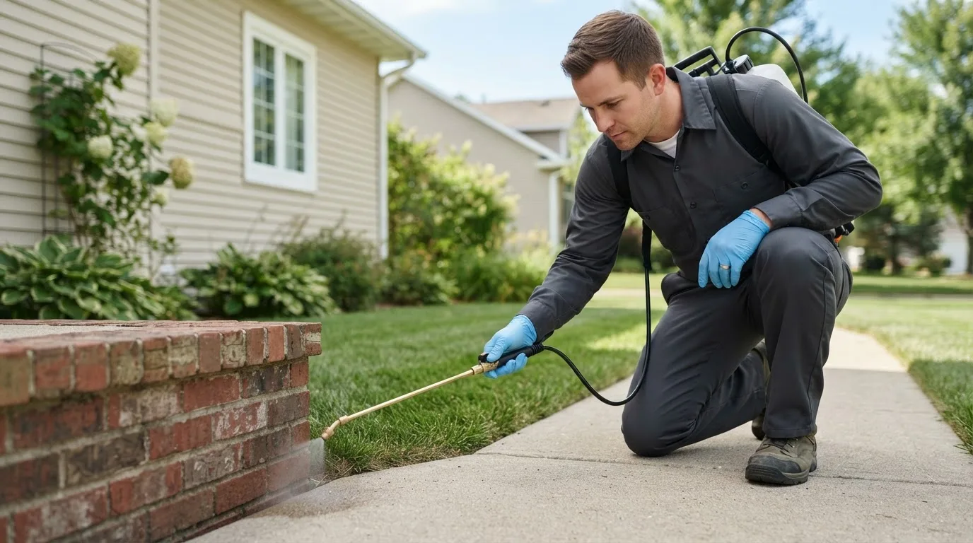 Pest control technician treating a home near Harmon, IL