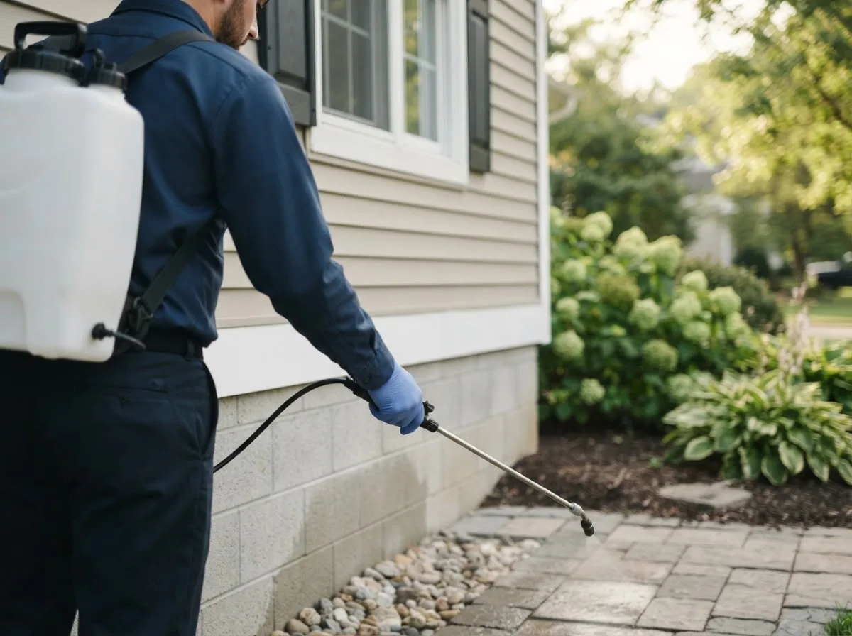 Pest control technician inspecting a home in Harmon, IL